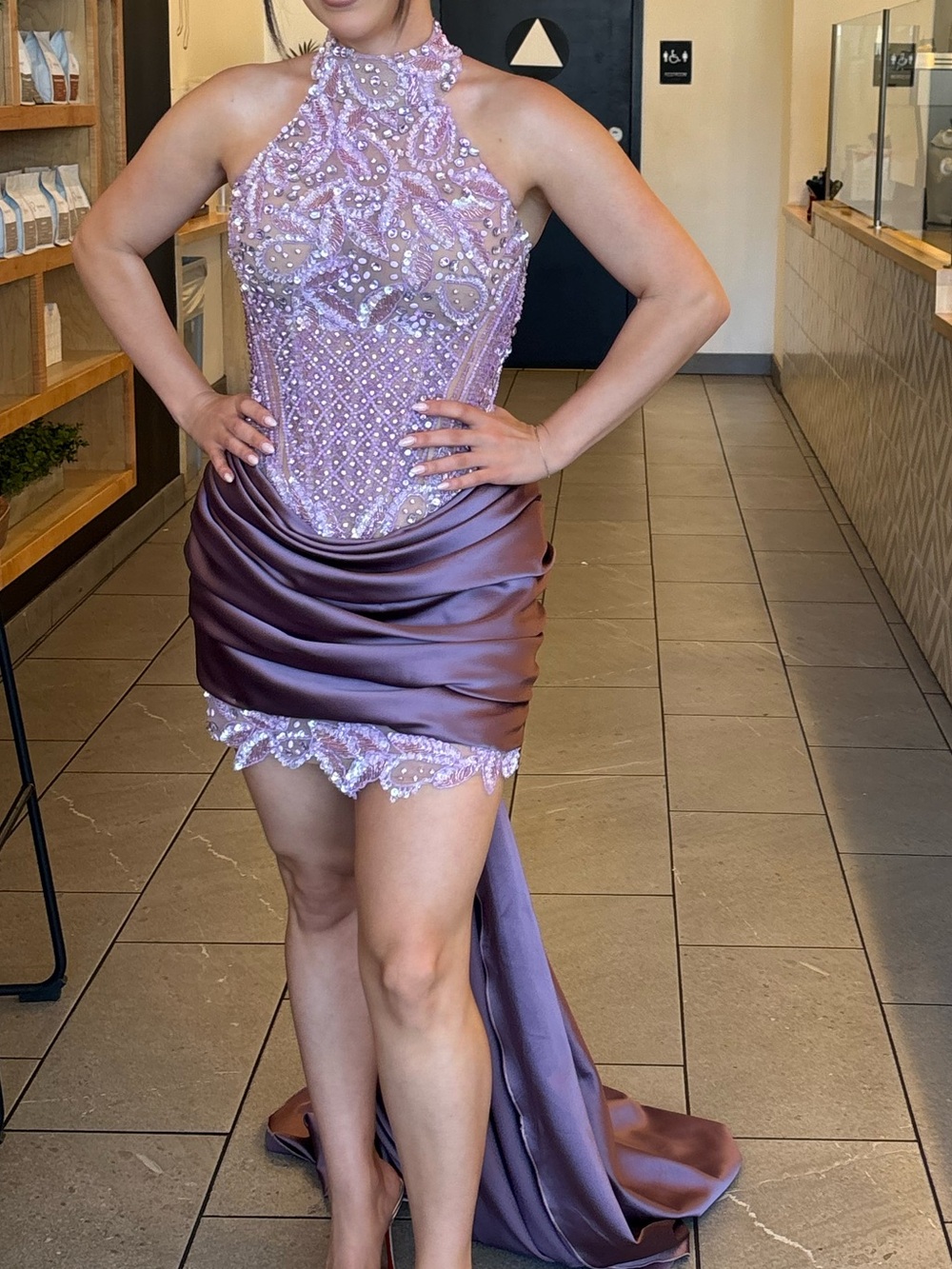 Beaded Halter Mini Dress in Dusty Rose - Picture 4 of 4